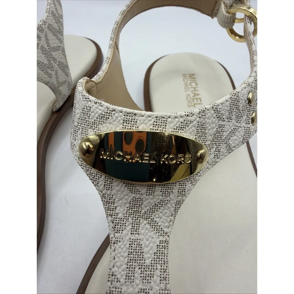 Michael Kors MK Plate Thong Sandals Women 7.5 Vanilla Mini MK Logo. New